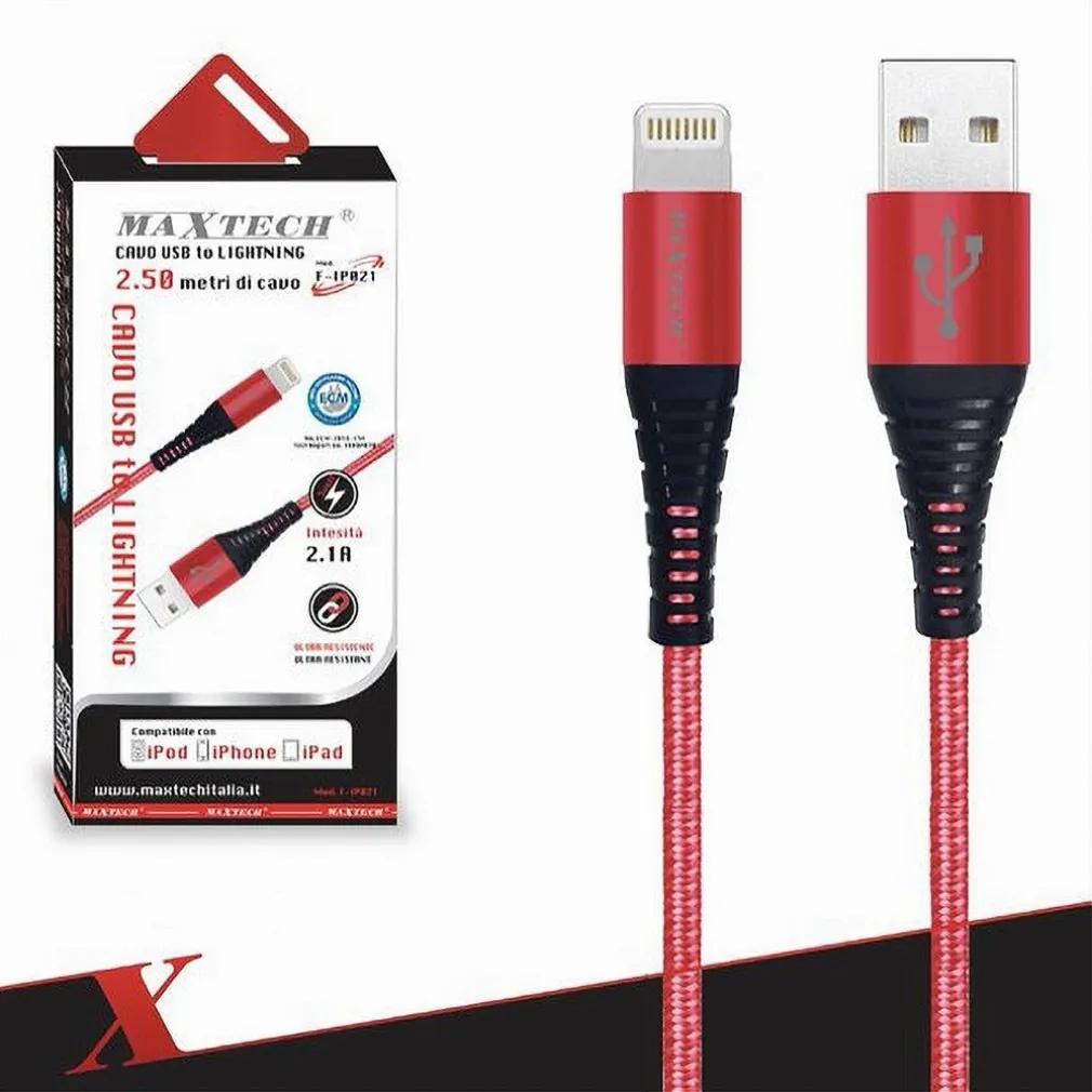 CAVO USB A LIGHTNING PER SMARTPHONE 2.1A 2.5MT TRASMISSIONE DATI MAXTECH F-IP021