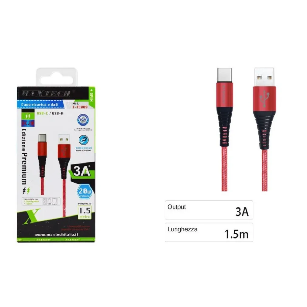 CAVO USB A TYPE C DATI RICARICA PER SAMSUNG HUAWEI 1.5 METRI 3A MAXTECH F-TC009