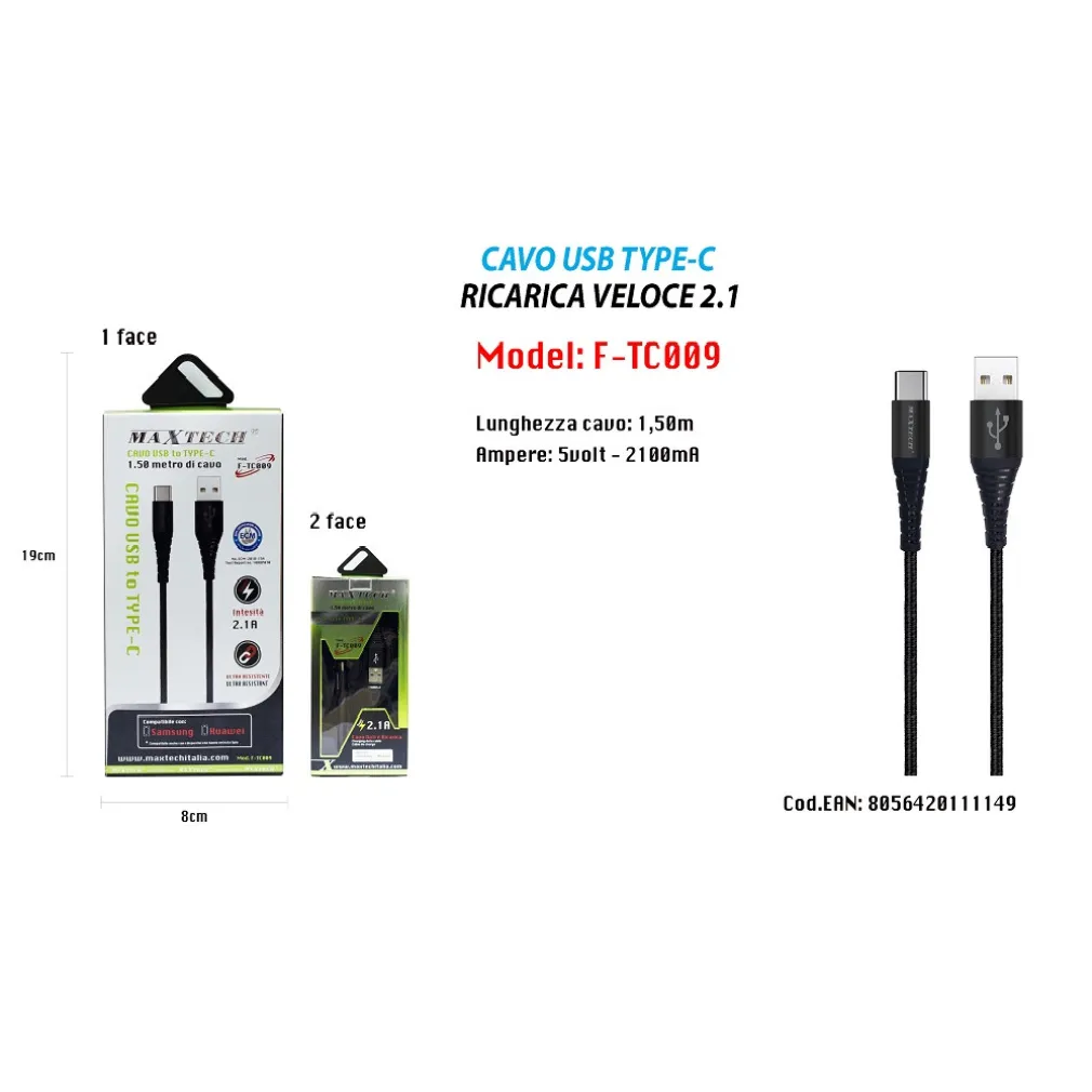 CAVO USB A TYPE C DATI RICARICA PER SAMSUNG HUAWEI 1.5 METRI 3A MAXTECH F-TC009