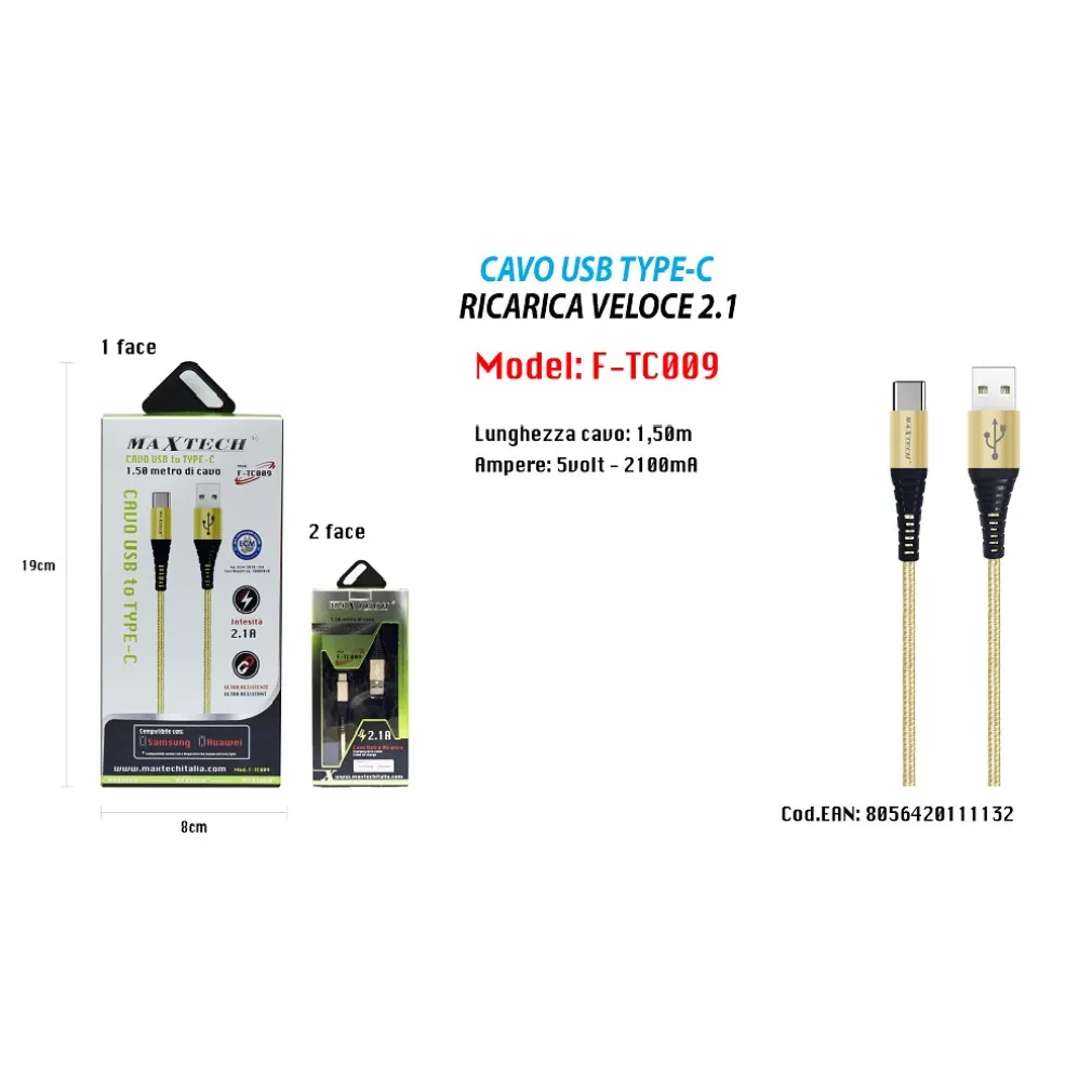 CAVO USB A TYPE C DATI RICARICA PER SAMSUNG HUAWEI 1.5 METRI 3A MAXTECH F-TC009