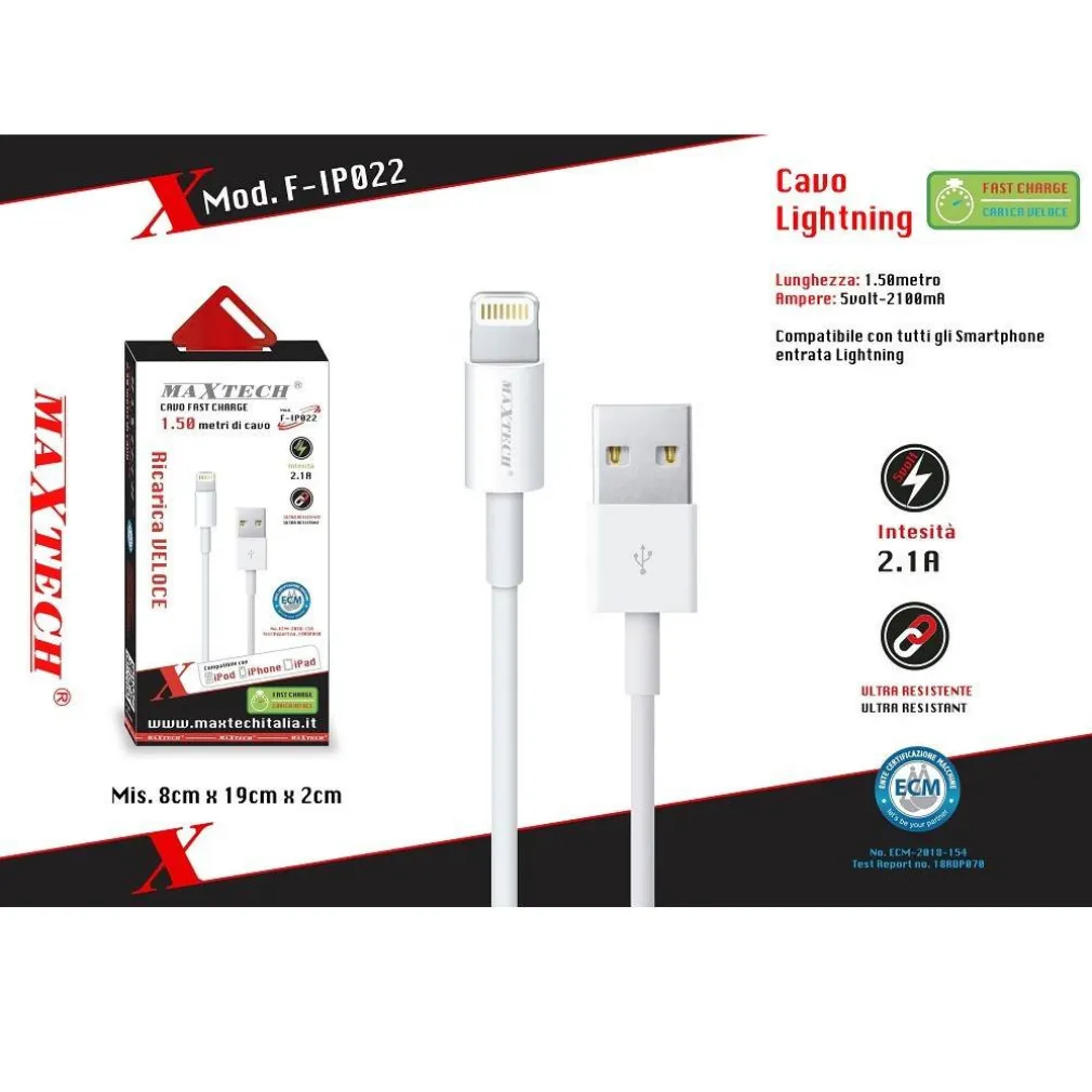 CAVO USB LIGHTNING 1,5MT 2.1A RICARICA VELOCE TRASMISSIONE DATI MAXTECH F-IP022