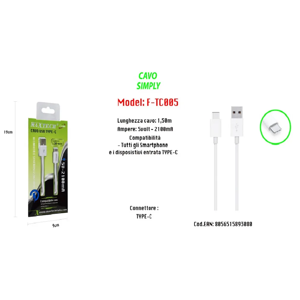 CAVO USB PER RICARICA SMARTPHONE 1,50MT SIMPLY 5VOLT - 2100MA MAXTECH F-TC005