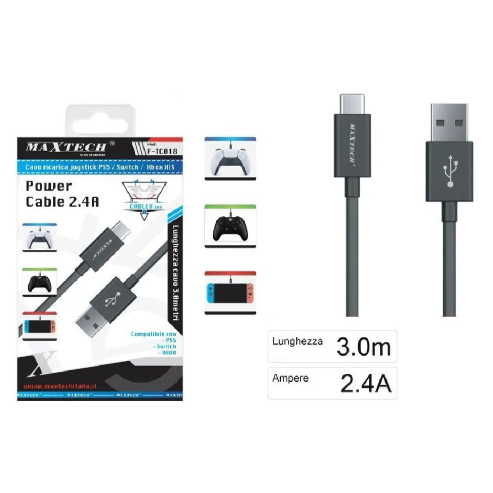 CAVO USB TYPE C RICARICA JOYSTICK CONTROLLER PS5 XBOX SWITCH USB-C 2.4A F-TC018