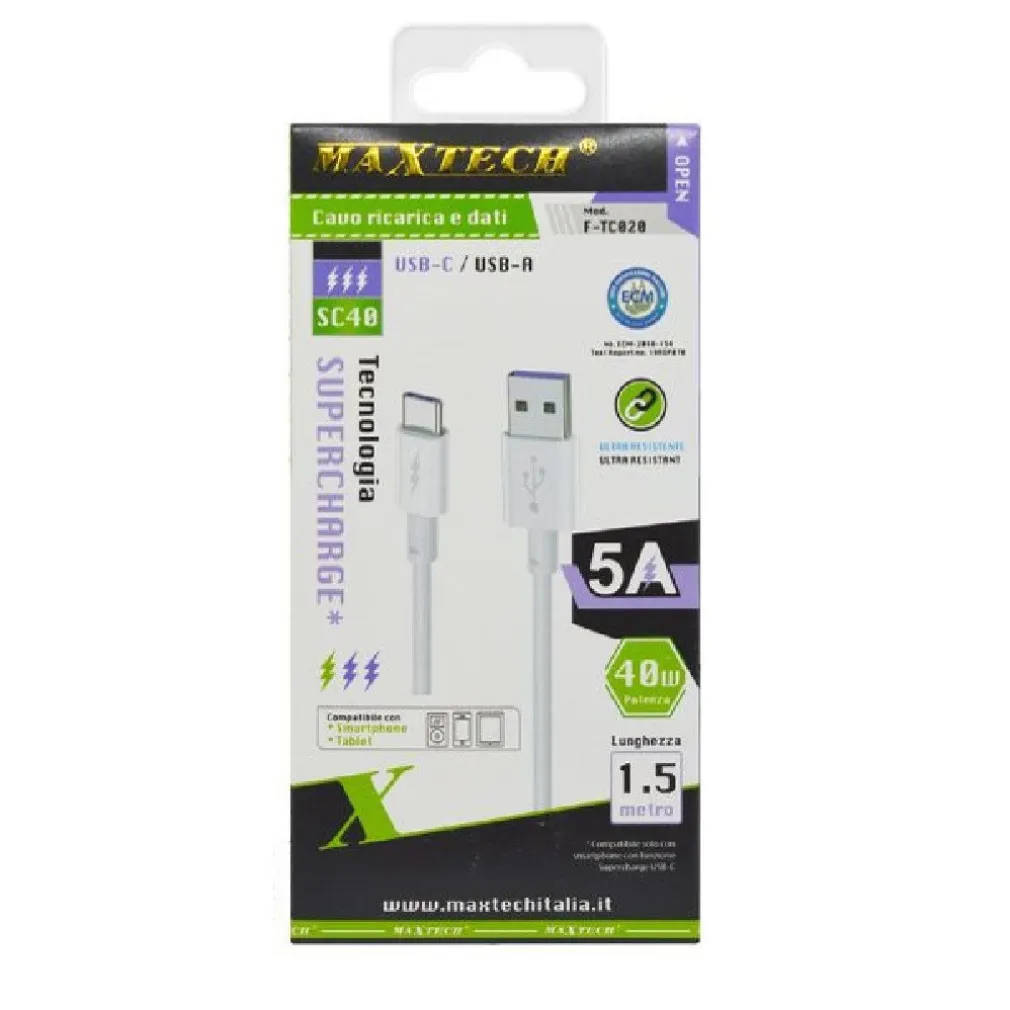 CAVO USB TYPE-C 5A 1.5 METRI DATI RICARICA RAPIDA PER SMARTPHONE TABLET F-TC020