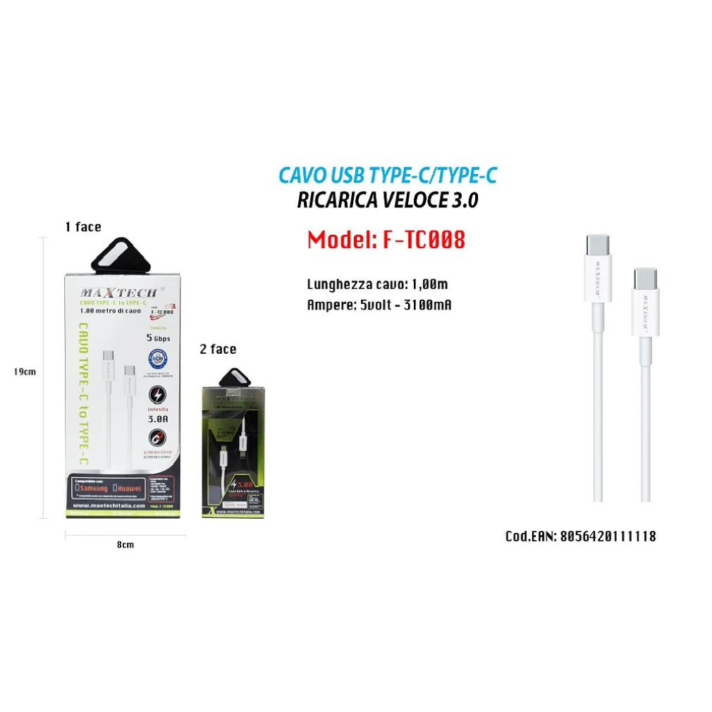 CAVO USB TYPE-C A USB TYPE-C 3.0 1MT COMPATIBILE SAMSUNG HUAWEI MAXTECH F-TC008
