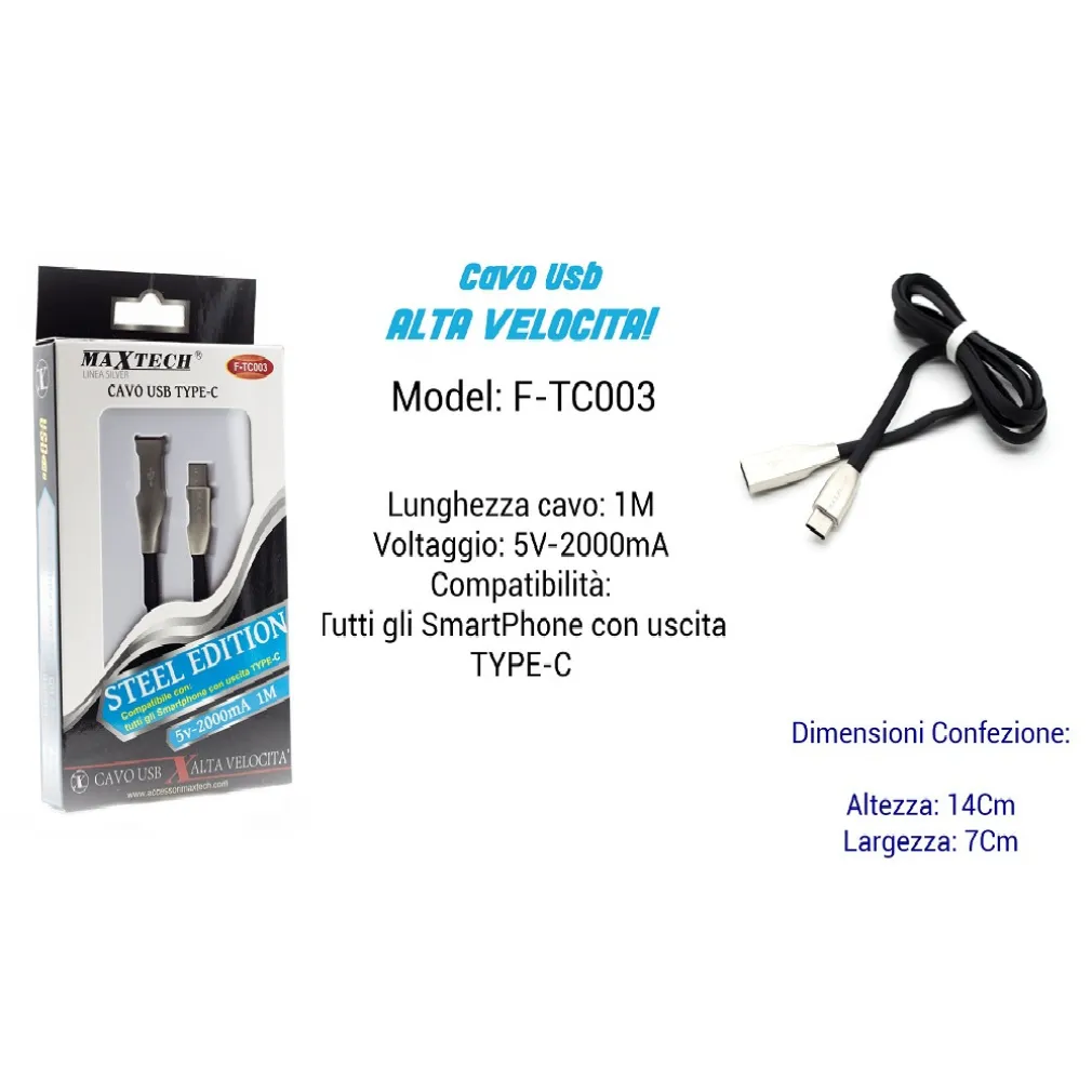 CAVO USB TYPE-C ALTA VELOCITA' PER SMARTPHONE 1MT AMPERE 5V - 2000MA MAXTECH F-TC003