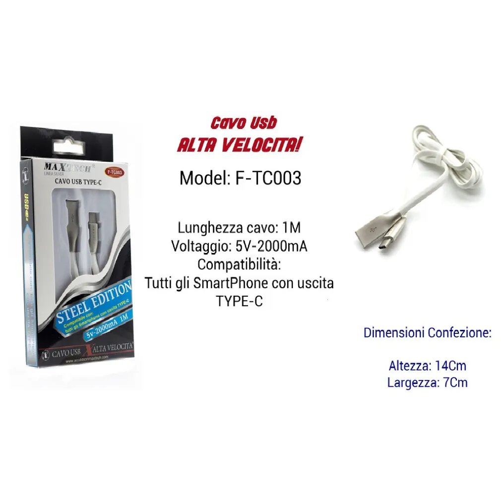 CAVO USB TYPE-C ALTA VELOCITA' PER SMARTPHONE 1MT AMPERE 5V - 2000MA MAXTECH F-TC003