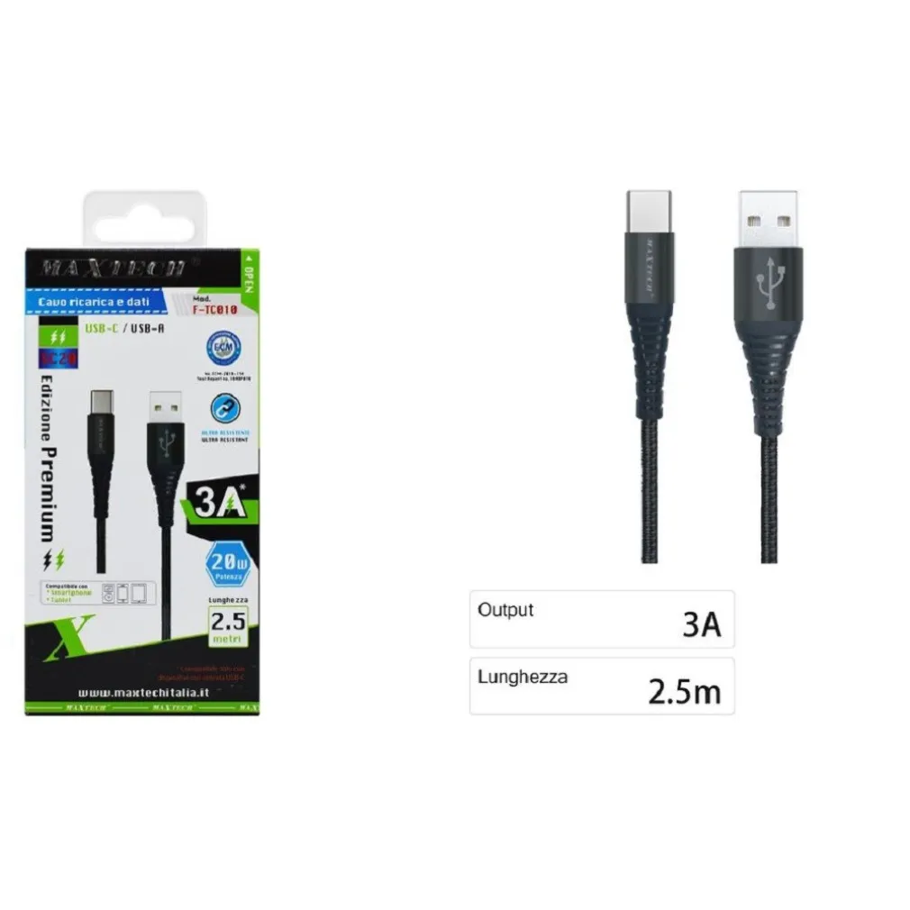 CAVO USB TYPE-C RICARICA VELOCE 3A 2.5 METRI TRASFERIMENTO DATI MAXTECH F-TC010