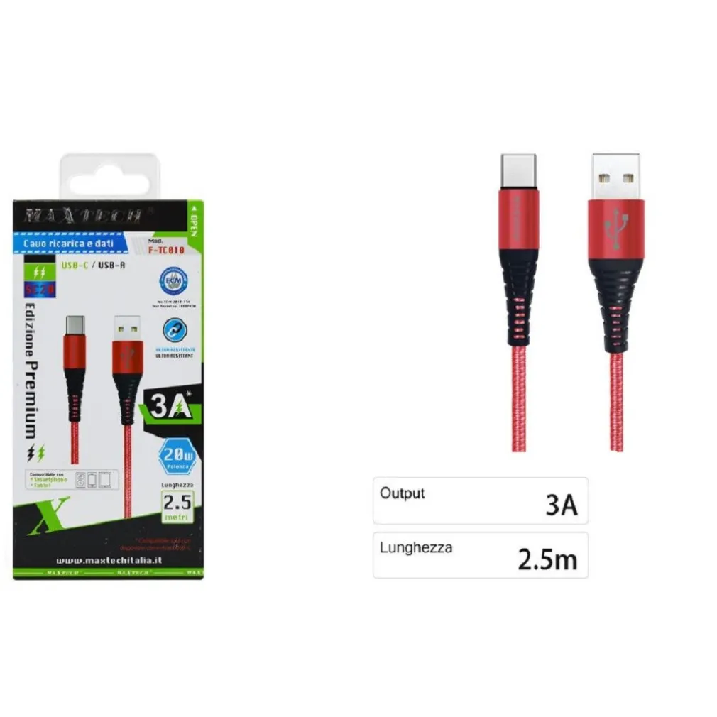 CAVO USB TYPE-C RICARICA VELOCE 3A 2.5 METRI TRASFERIMENTO DATI MAXTECH F-TC010