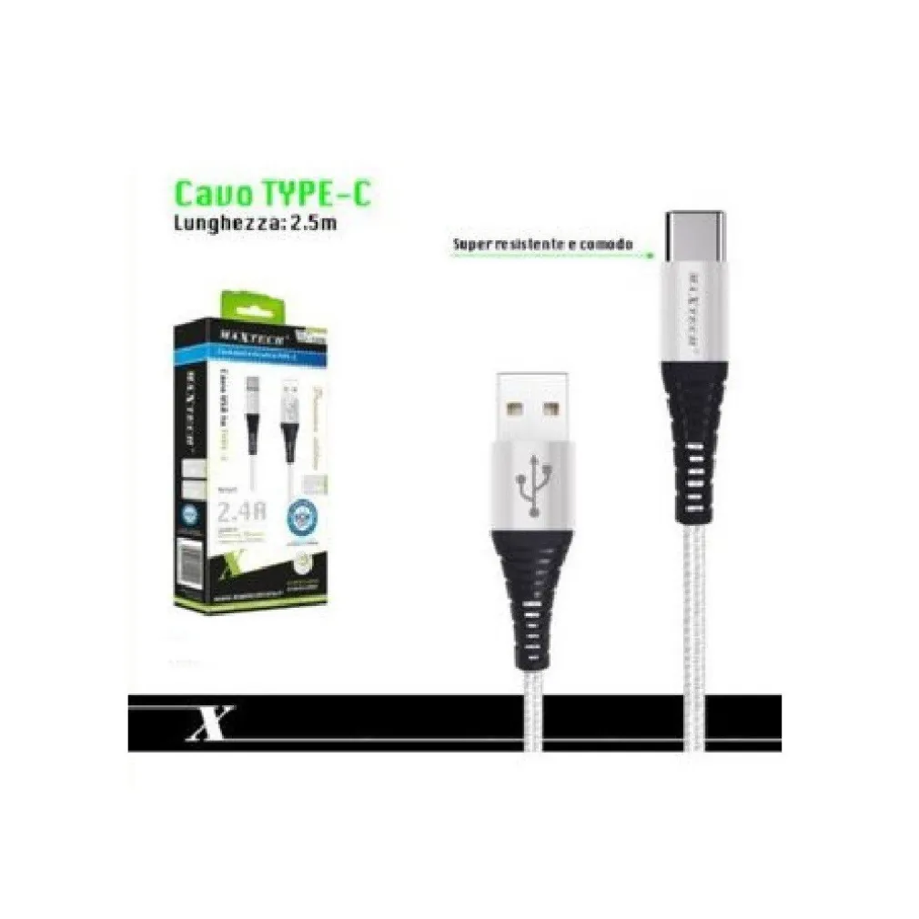 CAVO USB TYPE-C RICARICA VELOCE 3A 2.5 METRI TRASFERIMENTO DATI MAXTECH F-TC010