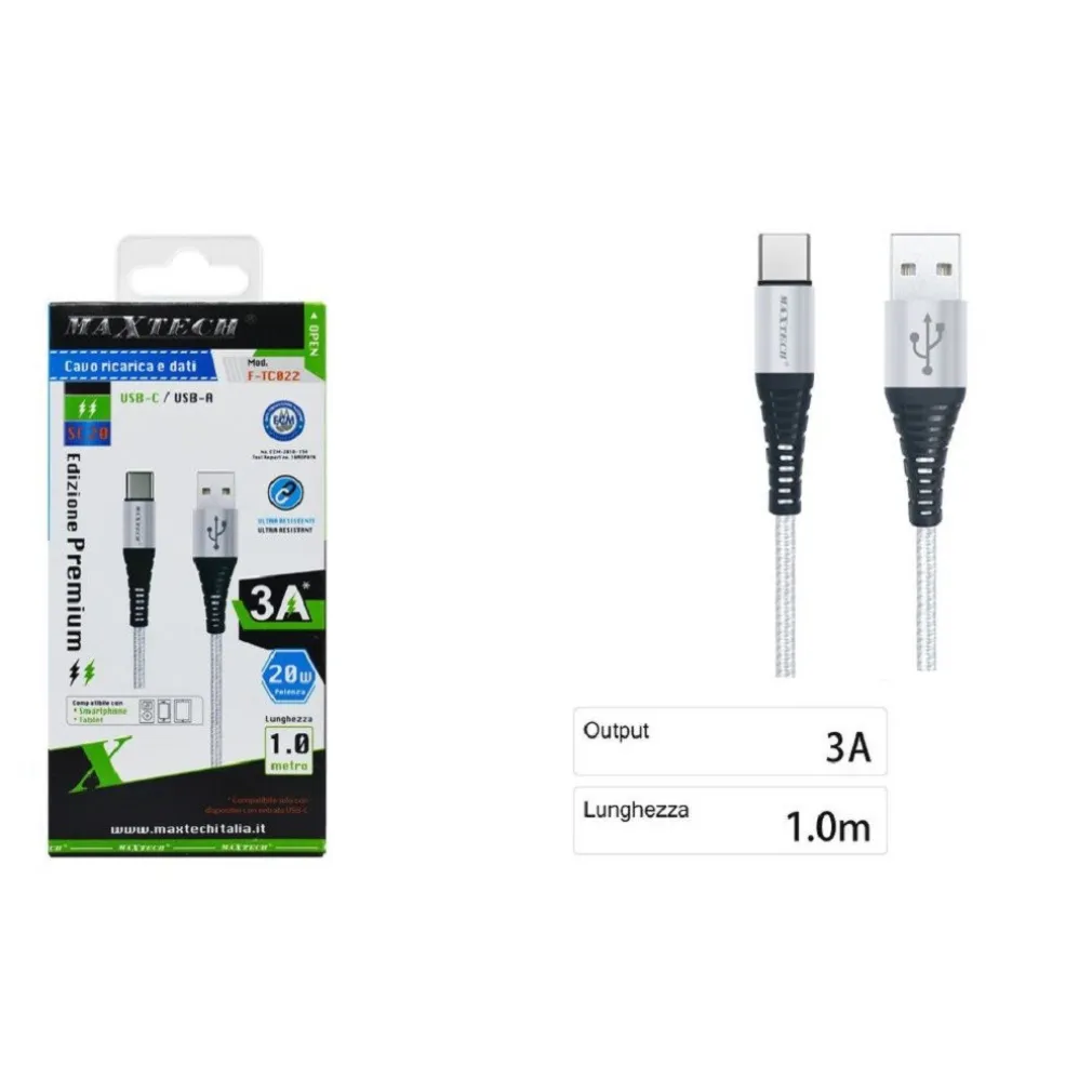 CAVO USB-A / TYPE-C 3.0A 1 MT DATI RICARICA RAPIDA PER SMARTPHONE TABLET F-TC022