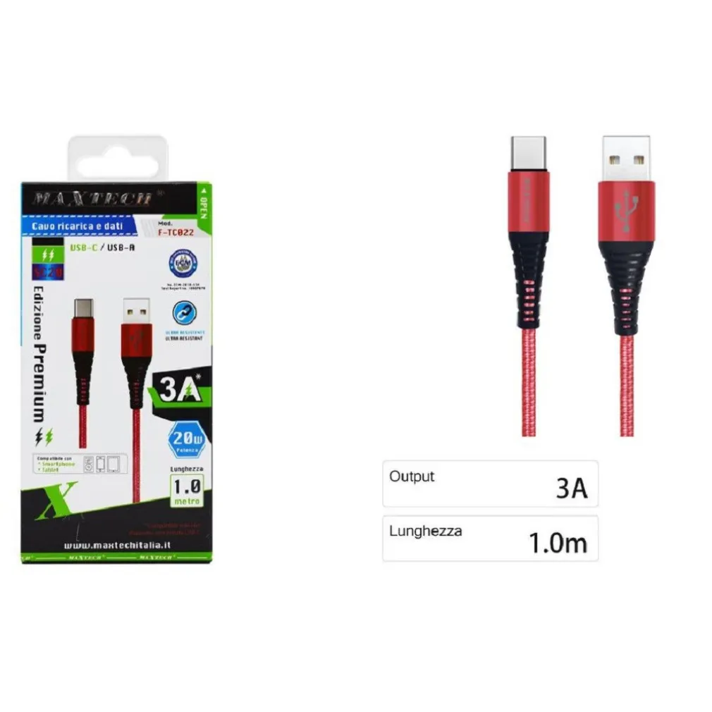 CAVO USB-A / TYPE-C 3.0A 1 MT DATI RICARICA RAPIDA PER SMARTPHONE TABLET F-TC022