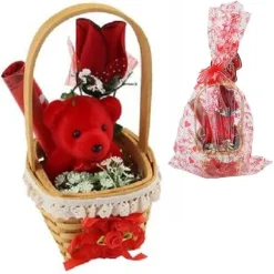 CESTA CON PELUCHE ORSETTO ROSSO IDEA REGALO SAN VALENTINO FIORI CONFEZIONE 63294