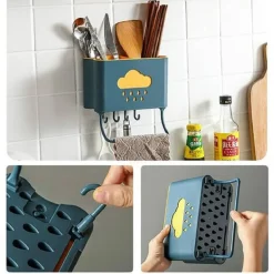 CESTELLO PORTA BACCHETTE POSATE CUCCHIAIO SPATOLE SCARICO CON GANCI PARETE 70214