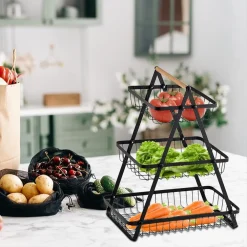 CESTINO PORTA FRUTTA RETTANGOLARE A 3 RIPIANI CON MANICO LEGNO DECORAZIONE CUCINA CASA