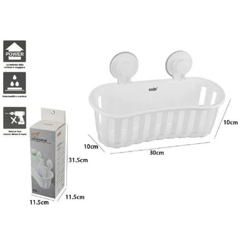 CESTO CONTENITORE PORTA OGGETTI A VENTOSA BIANCO ACCESSORI BAGNO 30X10CM 59553