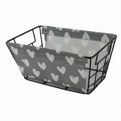 CESTO PORTA OGGETTI IN FERRO TESSUTO STAMPA A CUORI CON MANICI 25X15X12 CM 10615