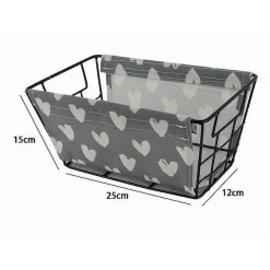 CESTO PORTA OGGETTI IN FERRO TESSUTO STAMPA A CUORI CON MANICI 25X15X12 CM 10615