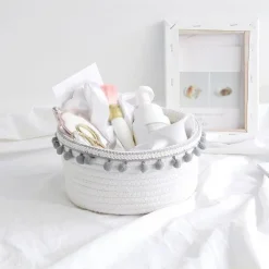 CESTO PORTA OGGETTI PER BIANCHERIA IN CORDA PON PON GRIGI CESTINO 30X14 CM 10671