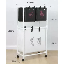 CESTO PORTABIANCHERIA SPORCA MULTIFUNZIONE A 2 STRATI CON RUOTE CARRELLO PORTATILE LAVAGGI