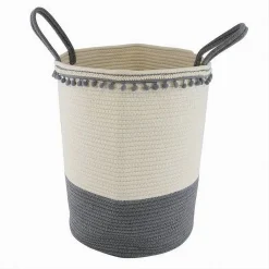 CESTO PORTAOGGETTI PER BIANCHERIA IN CORDA PONPON GRIGI CON MANICI 35X45CM 10672