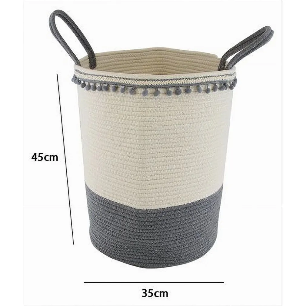CESTO PORTAOGGETTI PER BIANCHERIA IN CORDA PONPON GRIGI CON MANICI 35X45CM 10672