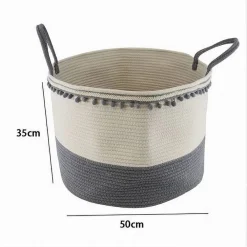 CESTO PORTAOGGETTI PER BIANCHERIA IN CORDA PONPON GRIGI CON MANICI 50X35CM 10673