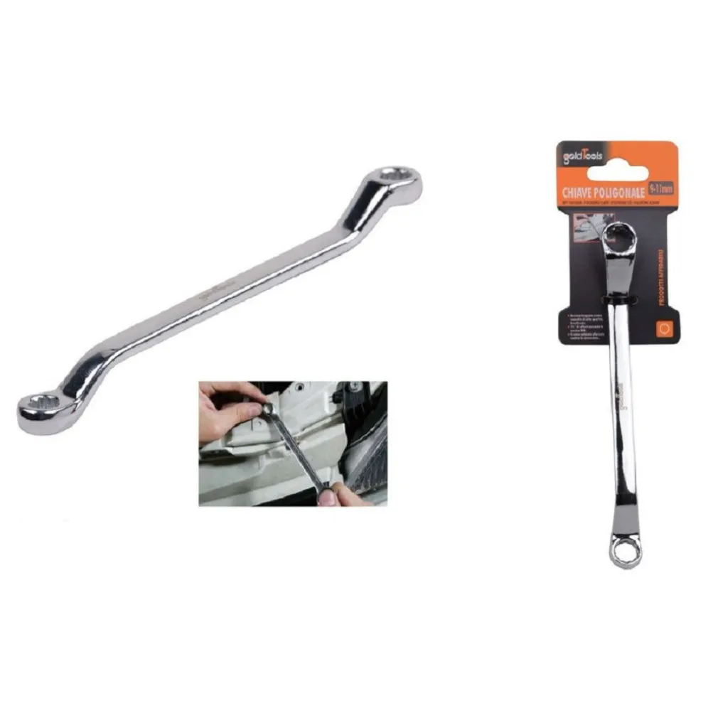CHIAVE FISSA POLIGONALE DOPPIA TESTA CURVA 9-11 MM ANELLO A STELLA CROMATA 91689