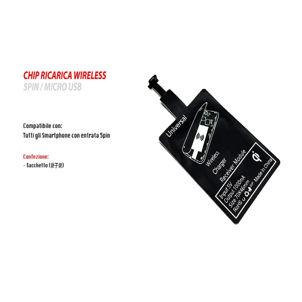 CHIP RICARICA WIRELESS ADATTATORE 5PIN MICRO USB UNIVERSALE RICEVITORE 1000MAH MAXTECH