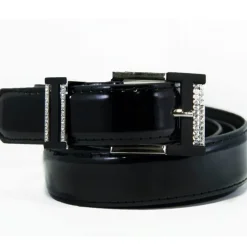 CINTURA DONNA NERA ECOPELLE EFFETTO LUCIDO CINTA TESSUTO FIBBIA STRASS CASUAL