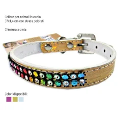 COLLARE PER CANI CUCCIOLI GATTI ANIMALI IN CUOIO 37 CM VARI COLORI CON STRASS