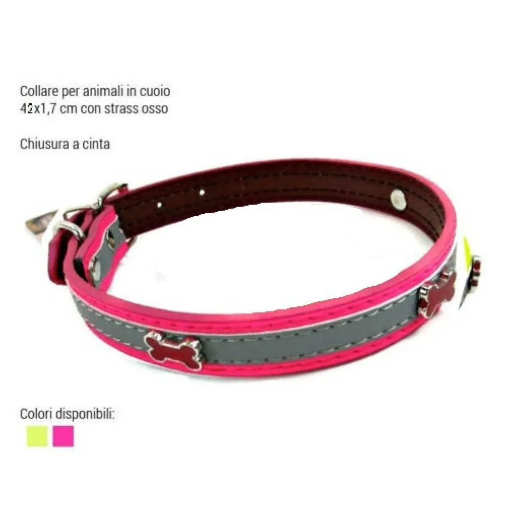 COLLARE PER CANI CUCCIOLI GATTI ANIMALI IN CUOIO 42 CM VARI COLORI STRASS OSSO