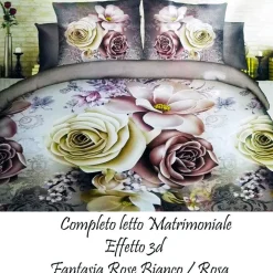 COMPLETO LETTO 3D LENZUOLA MATRIMONIALE SOTTO SOPRA COPRICUSCINI ROSE COLORATE