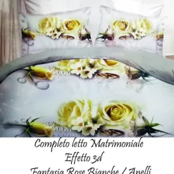 COMPLETO LETTO 3D LENZUOLA MATRIMONIALE SOTTO SOPRA COPRICUSCINI ROSE CON ANELLI