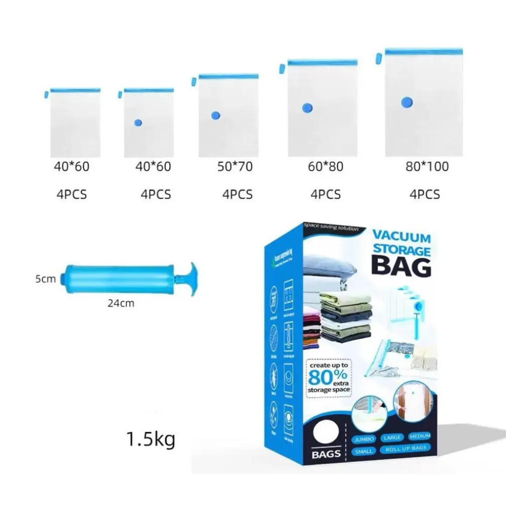 CONFEZIONE 20PZ SACCHETTI SOTTOVUOTO PER VESTITI RIUTILIZZABILI SALVASPAZIO CON POMPA