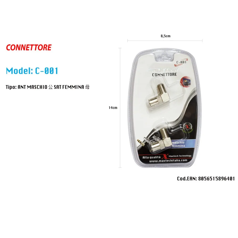 CONNETTORE ADATTATORE ANGOLO 90° MASCHIO-FEMMINA ANTENNA SATELLITARE TV MAXTECH C-001