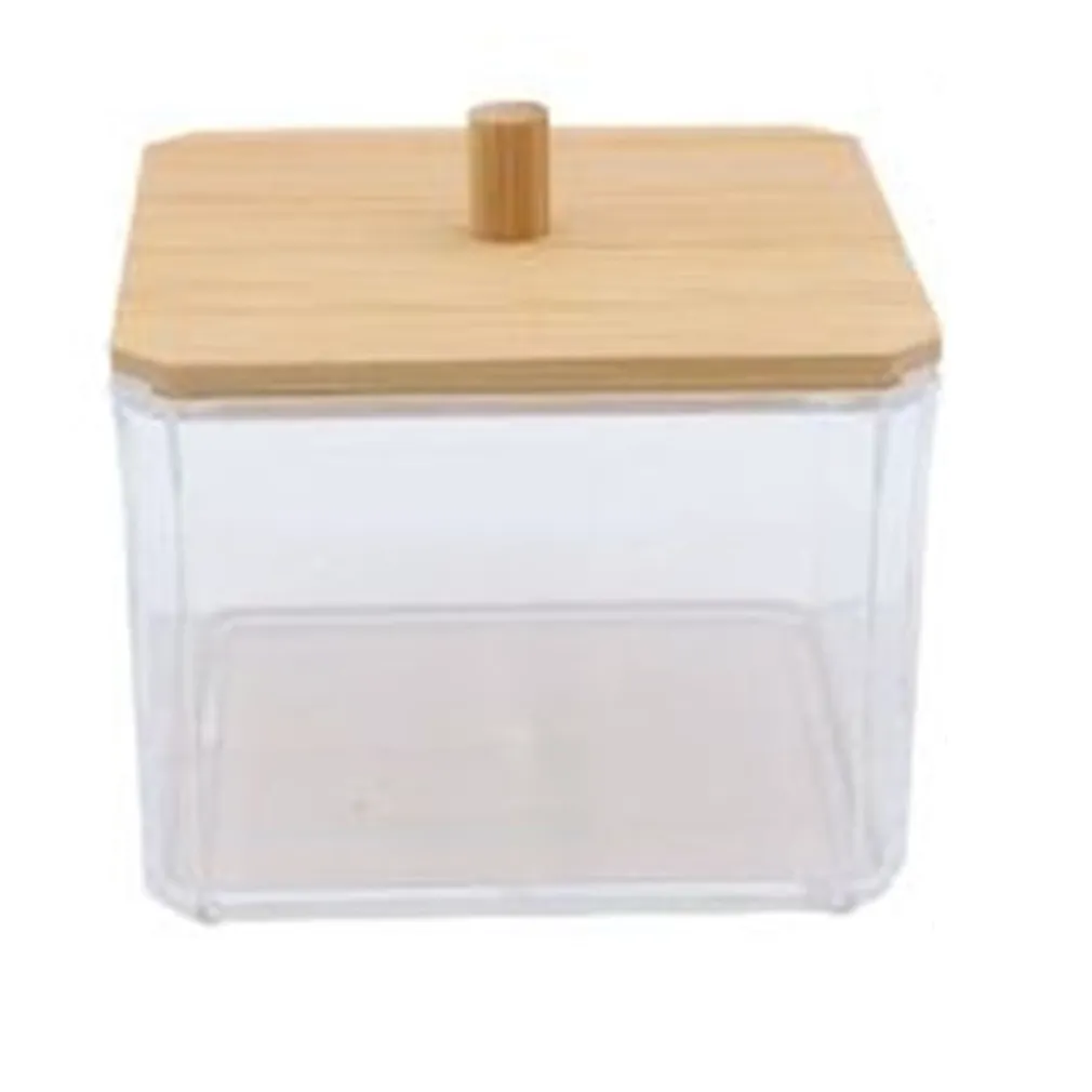 CONTENITORE ORGANIZER COSMETICI TOELETTA QUADRATO TRASPARENTE CON COPERCHIO IN LEGNO 10826