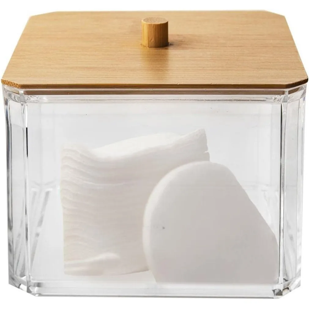 CONTENITORE ORGANIZER COSMETICI TOELETTA QUADRATO TRASPARENTE CON COPERCHIO IN LEGNO 10826