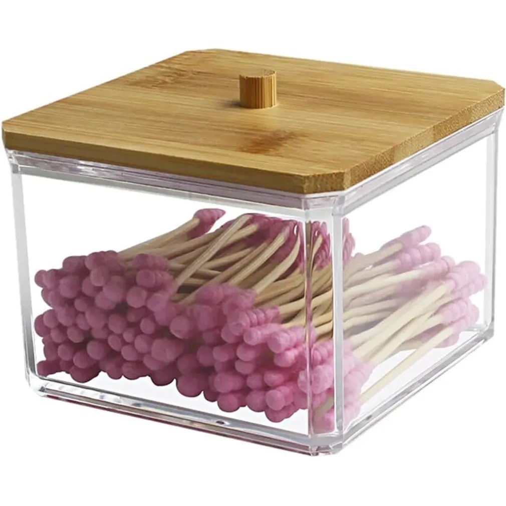 CONTENITORE ORGANIZER COSMETICI TOELETTA QUADRATO TRASPARENTE CON COPERCHIO IN LEGNO 10826