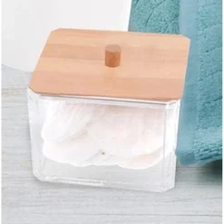 CONTENITORE ORGANIZER COSMETICI TOELETTA QUADRATO TRASPARENTE CON COPERCHIO IN LEGNO 10826