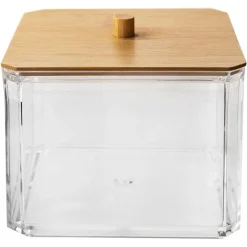 CONTENITORE ORGANIZER COSMETICI TOELETTA QUADRATO TRASPARENTE CON COPERCHIO IN LEGNO 10826