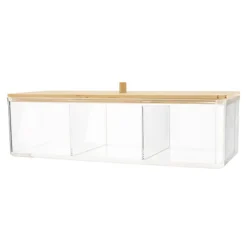 CONTENITORE ORGANIZER PER COSMETICI A 3 SCOMPARTI TRASPARENTE CON COPERCHIO IN LEGNO 10827