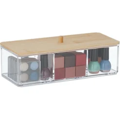 CONTENITORE ORGANIZER PER COSMETICI A 3 SCOMPARTI TRASPARENTE CON COPERCHIO IN LEGNO 10827
