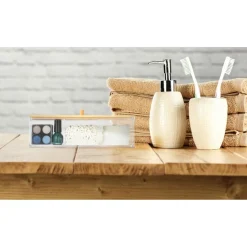 CONTENITORE ORGANIZER PER COSMETICI A 3 SCOMPARTI TRASPARENTE CON COPERCHIO IN LEGNO 10827