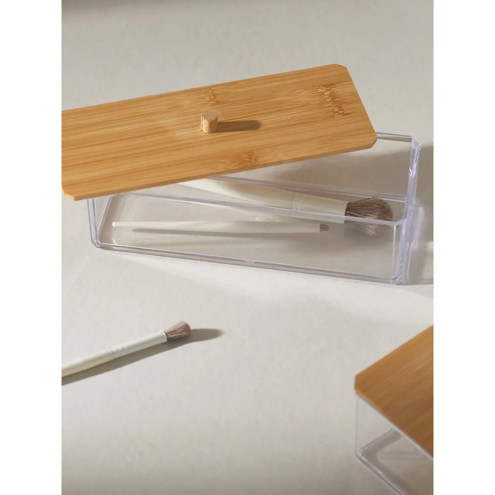CONTENITORE ORGANIZER PER COSMETICI PORTATRUCCHI TRASPARENTE CON COPERCHIO IN LEGNO 10828