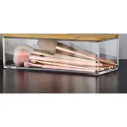 CONTENITORE ORGANIZER PER COSMETICI PORTATRUCCHI TRASPARENTE CON COPERCHIO IN LEGNO 10828