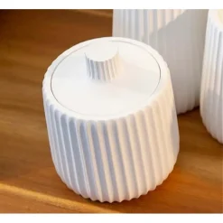 CONTENITORE PORTA COTTON FIOC DECORO PLISSÈ BIANCO ROTONDO ORGANIZER BAGNO 10329