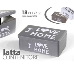 CONTENITORE SCATOLA LATTA MULTIUSO 18X11X7CM I LOVE HOME COLORI ASSORTITI 710483
