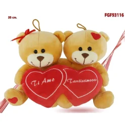 COPPIA ORSETTI CON DOPPIO CUORE 20CM PELUCHE LACCETTI REGALO SAN VALENTINO 93116