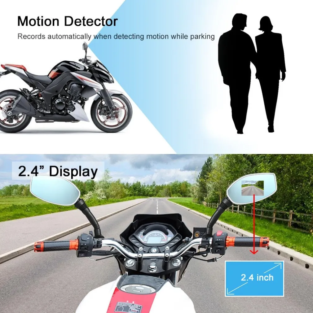 COPPIA SPECCHIETTI MOTO 2.4" DVR CAMERA SPECCHIETTO CAMERA RETROVISORE FRONTALE